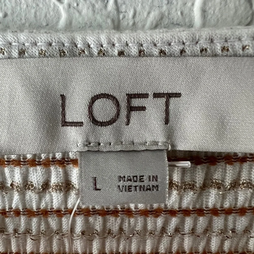 LOFT Smocked Metallic Striped Square Neck Puff Sleeve Top White Brown Gold L New